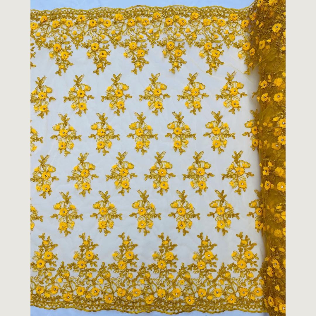 3D Floral Embroidery Lace with Rhinestones -  YELLOW - By The Yard Prom Dress Fabric