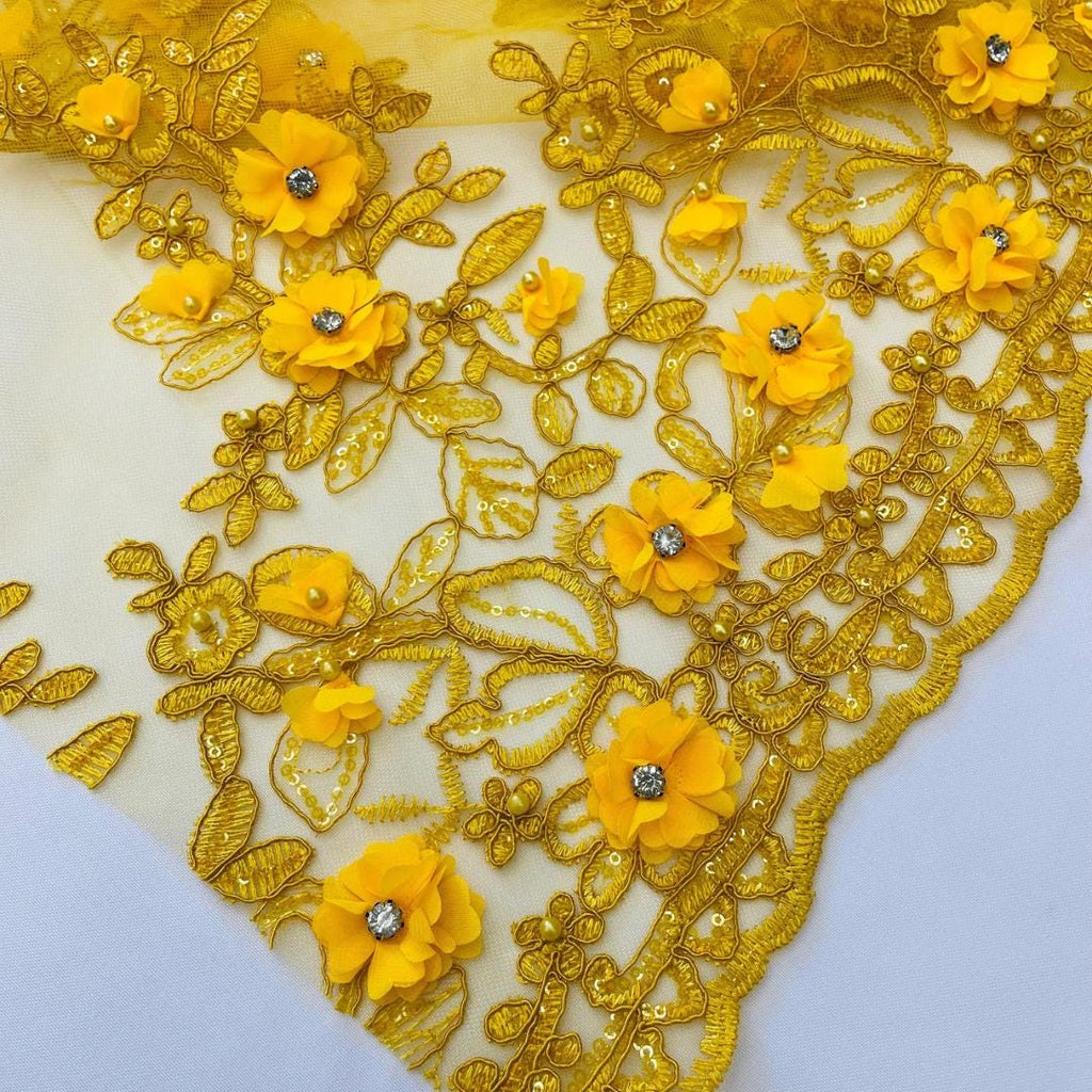3D Floral Embroidery Lace with Rhinestones -  YELLOW - By The Yard Prom Dress Fabric