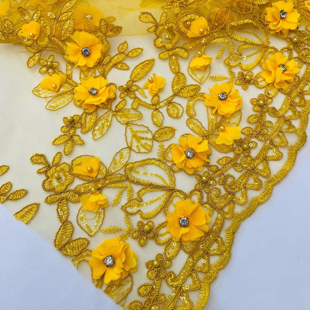 3D Floral Embroidery Lace with Rhinestones -  YELLOW - By The Yard Prom Dress Fabric
