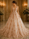 3D Floral Embroidery Lace with Rhinestones -  PEACH - By The Yard Prom Dress Fabric