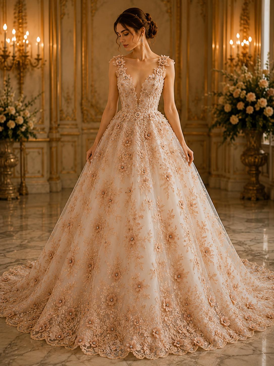 3D Floral Embroidery Lace with Rhinestones -  PEACH - By The Yard Prom Dress Fabric