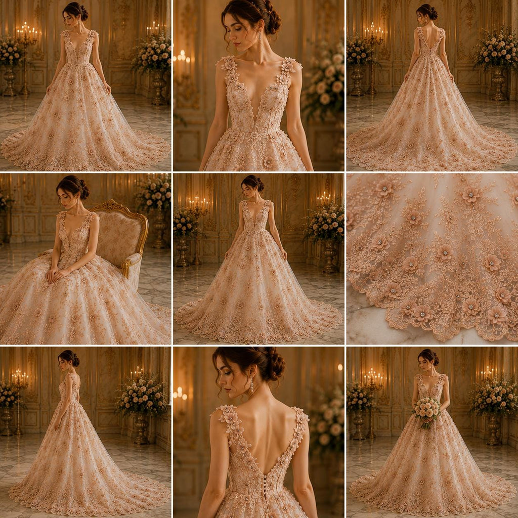 3D Floral Embroidery Lace with Rhinestones -  PEACH - By The Yard Prom Dress Fabric