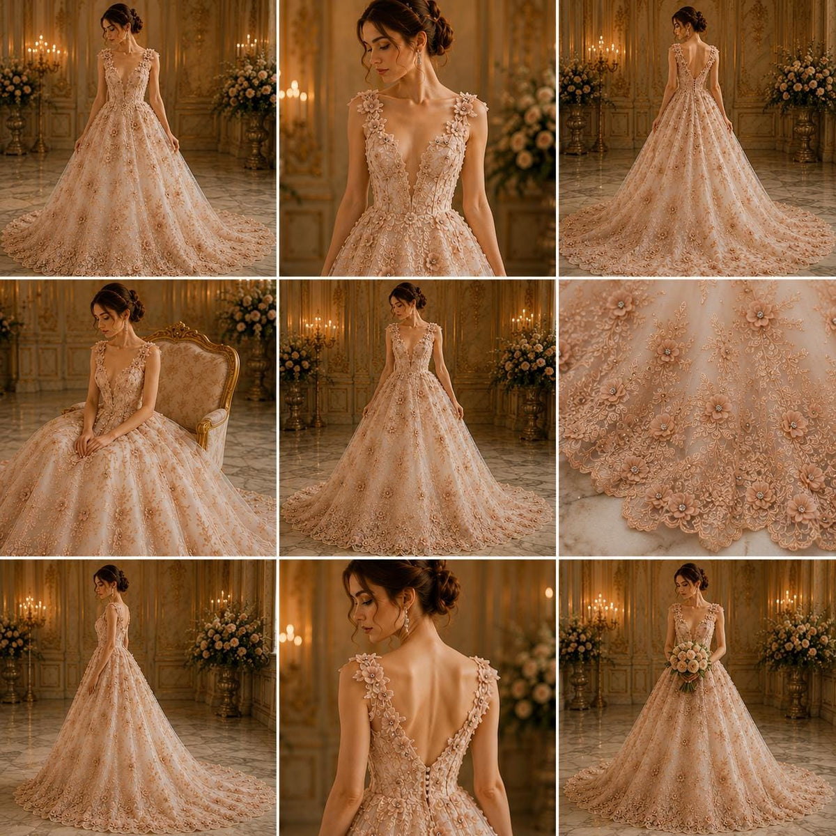 3D Floral Embroidery Lace with Rhinestones -  PEACH - By The Yard Prom Dress Fabric