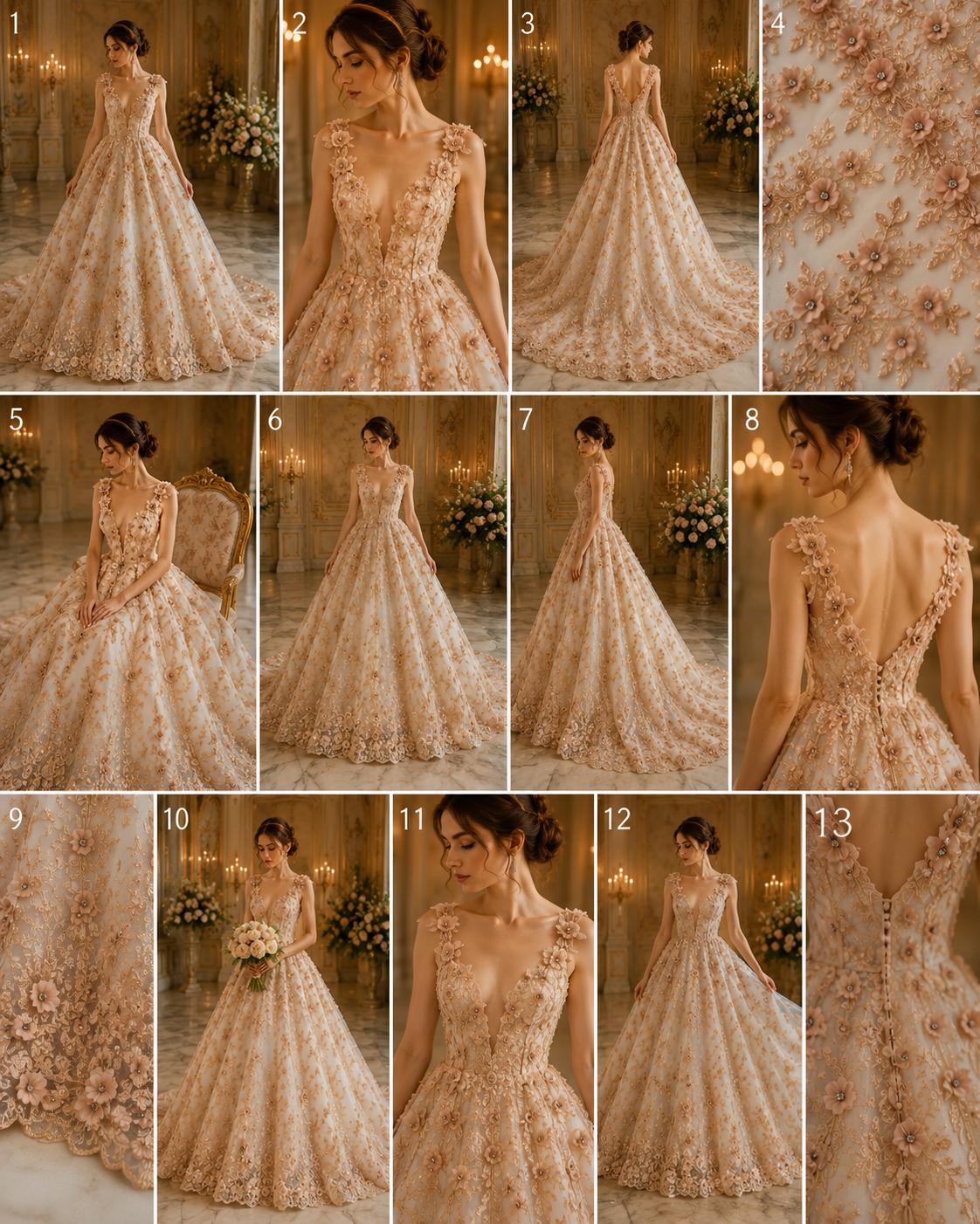 3D Floral Embroidery Lace with Rhinestones -  PEACH - By The Yard Prom Dress Fabric