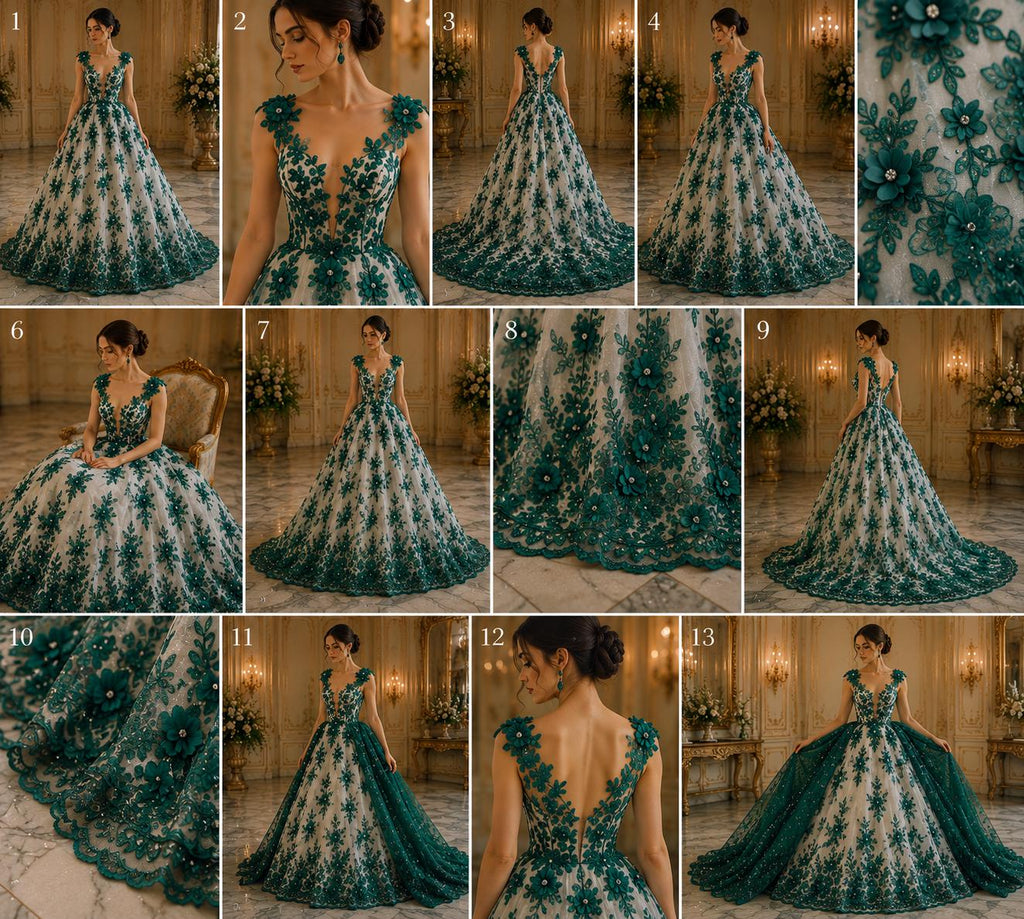 3D Floral Embroidery Lace with Rhinestones -  HUNTER - By The Yard Prom Dress Fabric