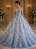 3D Floral Embroidery Lace with Rhinestones -  LT BLUE - By The Yard Prom Dress Fabric