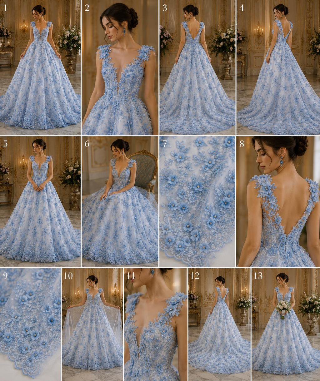 3D Floral Embroidery Lace with Rhinestones -  LT BLUE - By The Yard Prom Dress Fabric
