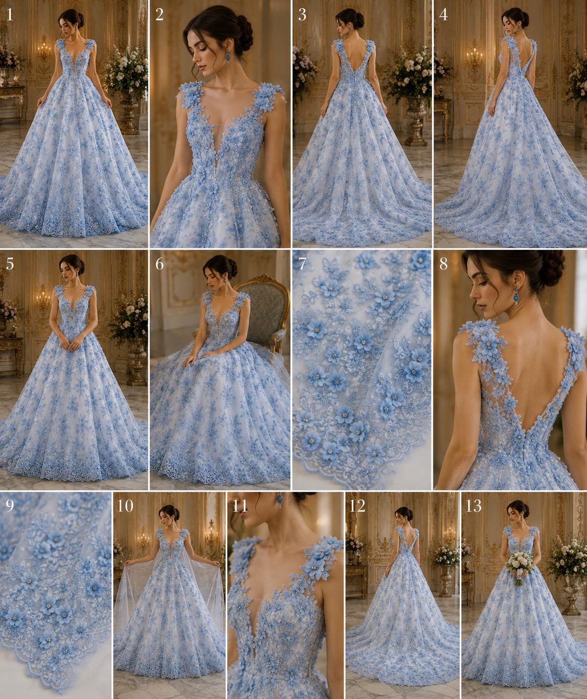 3D Floral Embroidery Lace with Rhinestones -  LT BLUE - By The Yard Prom Dress Fabric