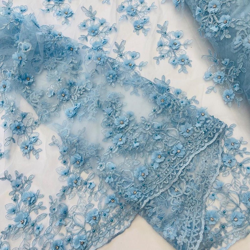 3D Floral Embroidery Lace with Rhinestones -  LT BLUE - By The Yard Prom Dress Fabric