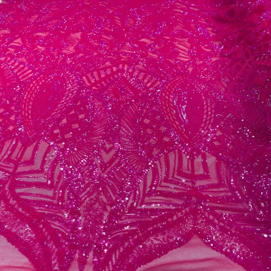 Neon Fuchsia - Marvelous Mermaid Luxury Shiny Sequin 4-Way Stretch Mesh Fabric – Prom & Evening Dress Material By The Yard.