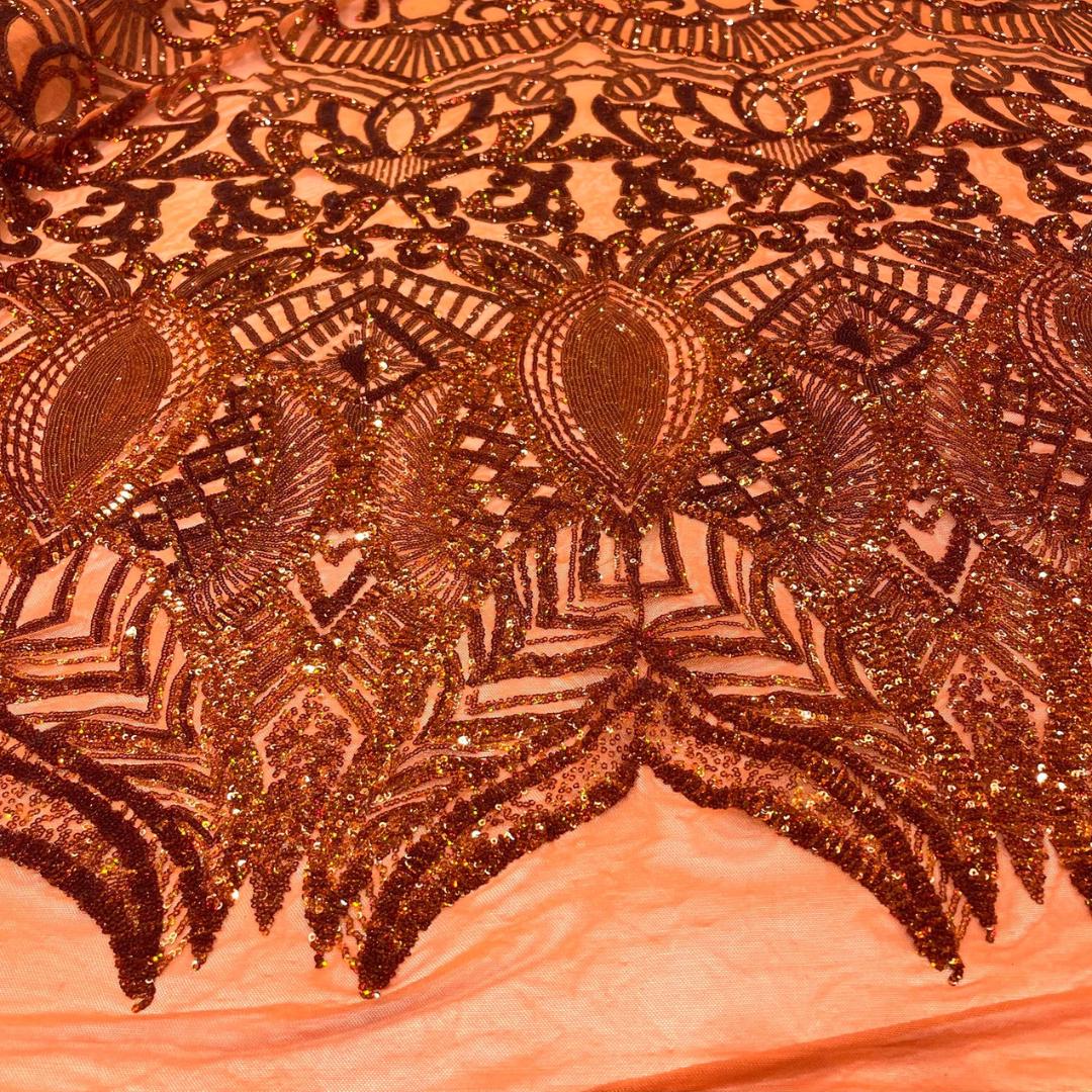 Burnt Orange - Marvelous Mermaid Luxury Shiny Sequin 4-Way Stretch Mesh Fabric – Prom & Evening Dress Material By The Yard.