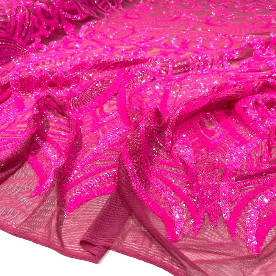 Hot Pink - Marvelous Mermaid Luxury Shiny Sequin 4-Way Stretch Mesh Fabric – Prom & Evening Dress Material By The Yard.