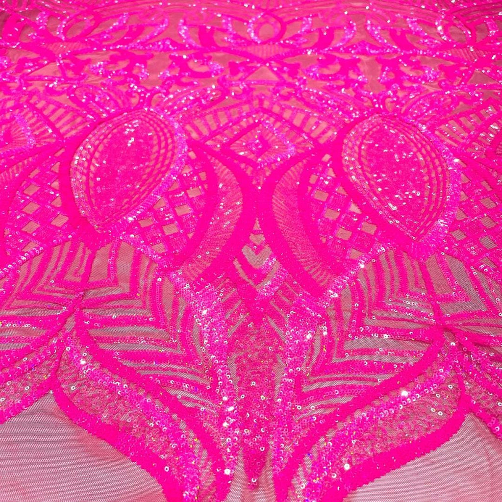 Hot Pink - Marvelous Mermaid Luxury Shiny Sequin 4-Way Stretch Mesh Fabric – Prom & Evening Dress Material By The Yard.