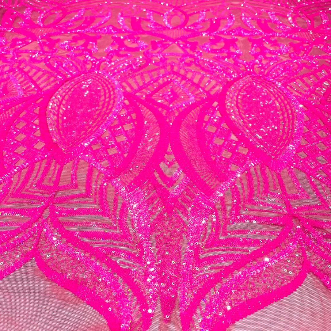 Hot Pink - Marvelous Mermaid Luxury Shiny Sequin 4-Way Stretch Mesh Fabric – Prom & Evening Dress Material By The Yard.