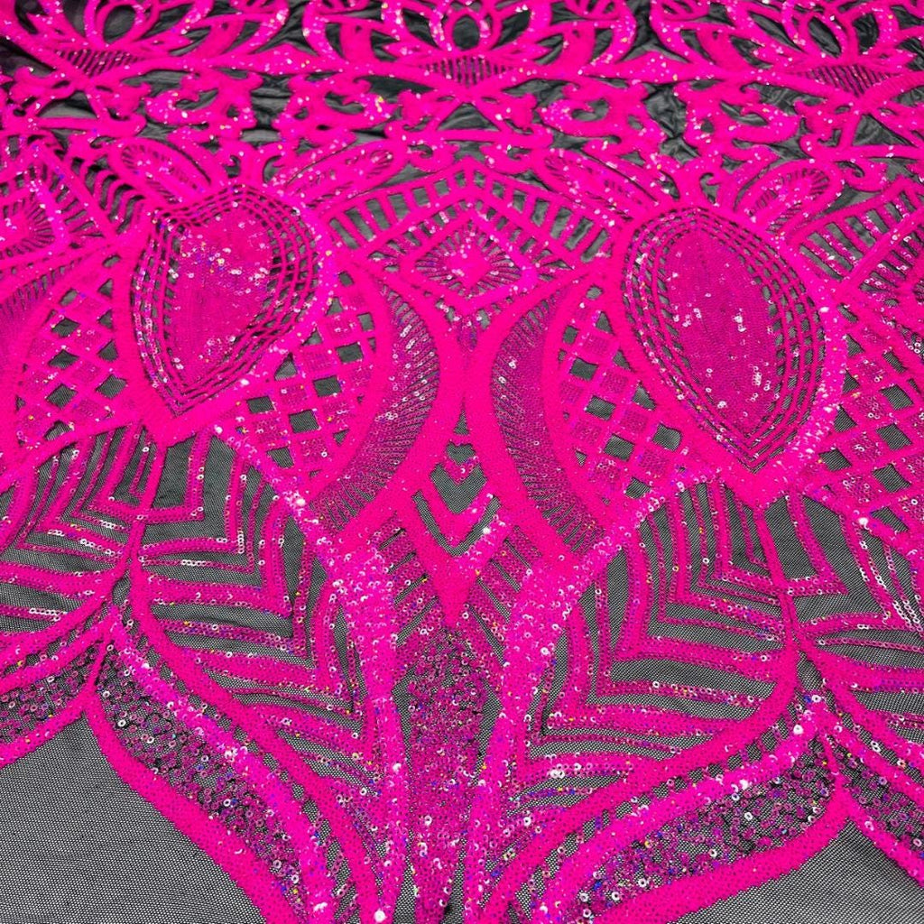 Neon Pink Black - Marvelous Mermaid Luxury Shiny Sequin 4-Way Stretch Mesh Fabric – Prom & Evening Dress Material By The Yard.