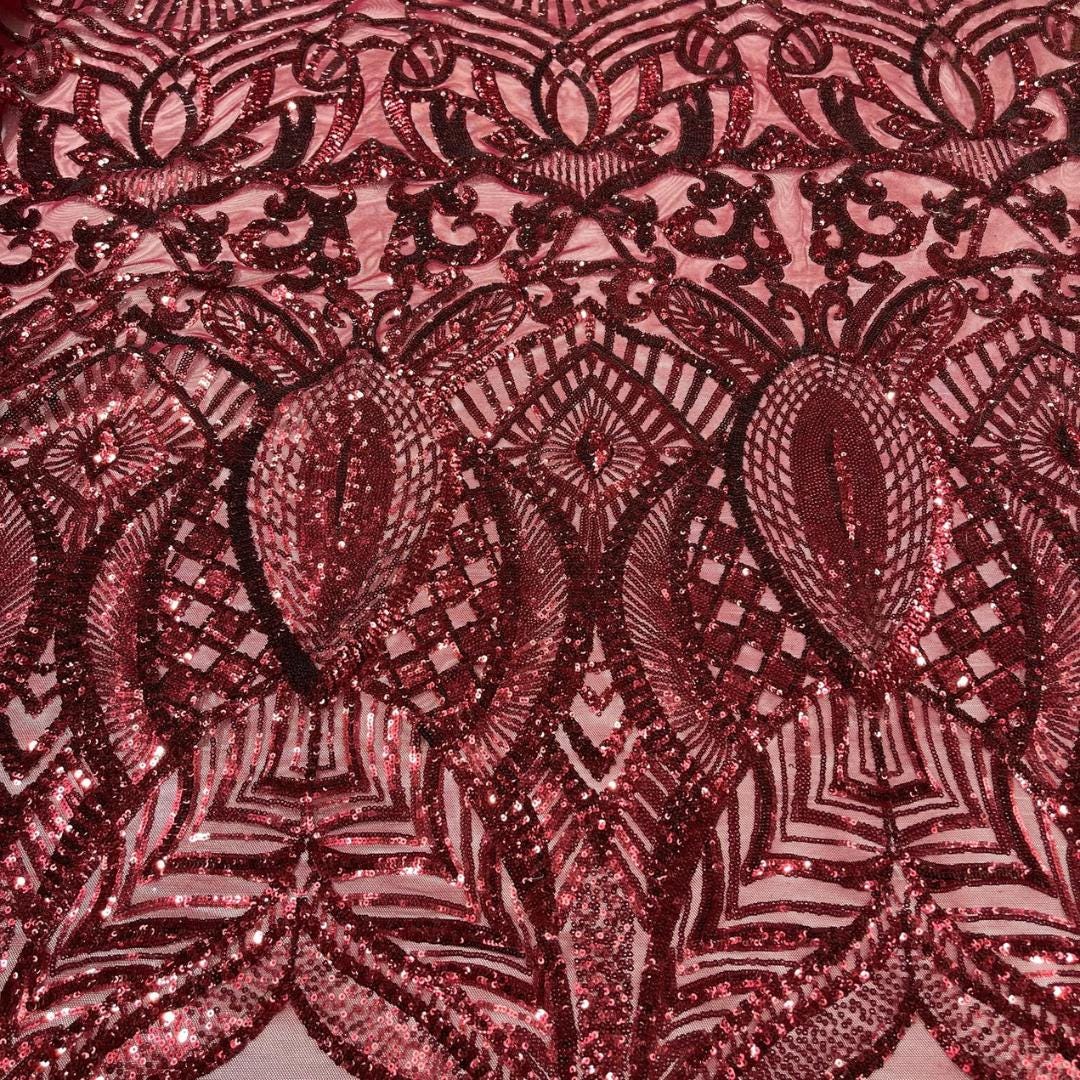 Burgundy - Marvelous Mermaid Luxury Shiny Sequin 4-Way Stretch Mesh Fabric – Prom & Evening Dress Material By The Yard.