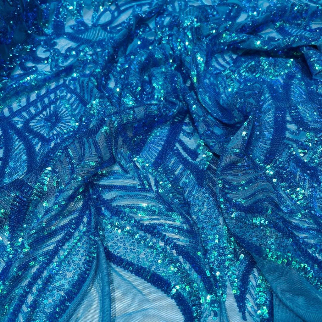 Turquoise - Marvelous Mermaid Luxury Shiny Sequin 4-Way Stretch Mesh Fabric – Prom & Evening Dress Material By The Yard.
