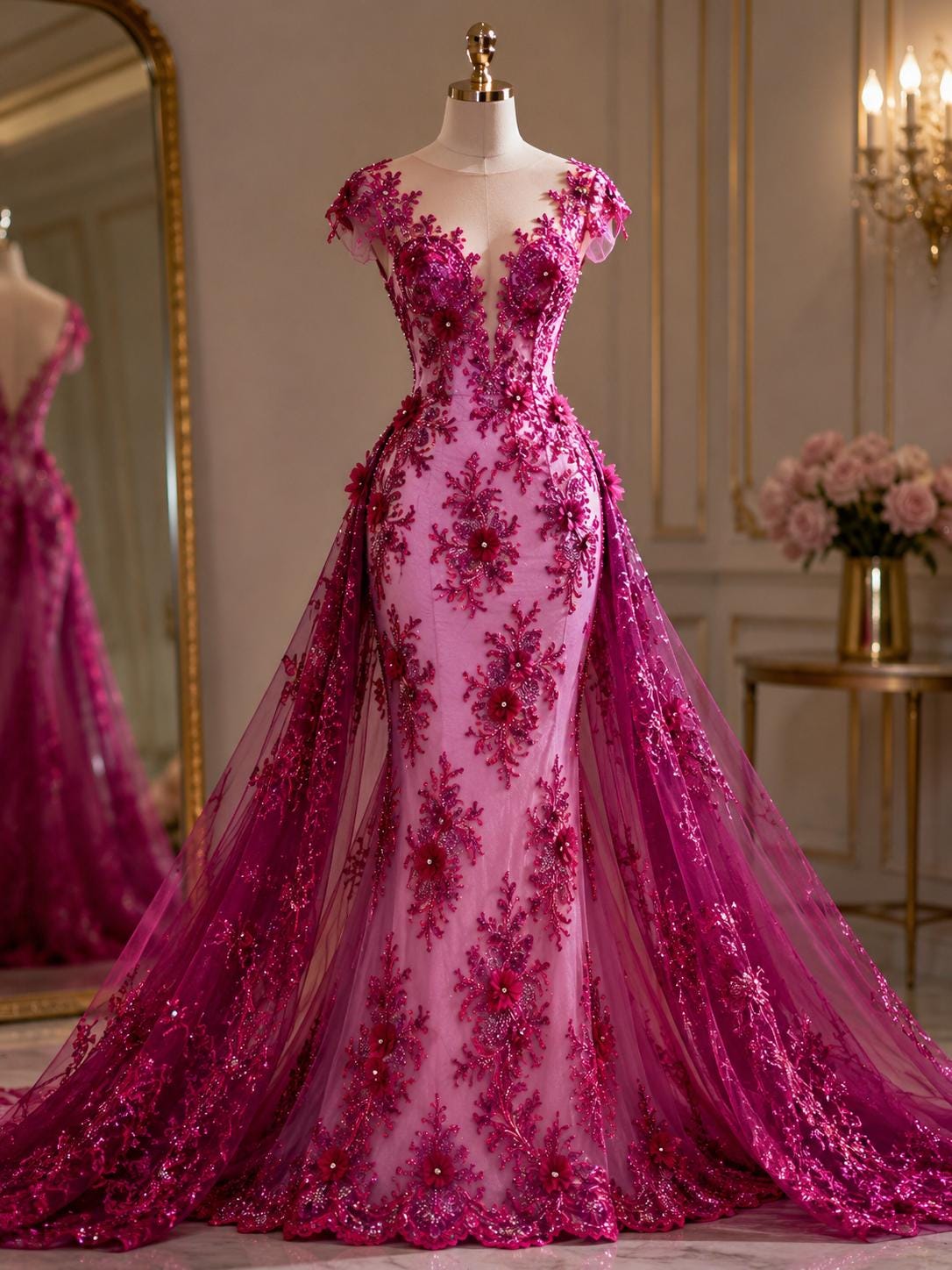 Beaded 3D Floral - Magenta - Design Embroidery With Beaded/Rhinestones on a Mesh Fabric By Yard. Sequins Mesh 3D Flower