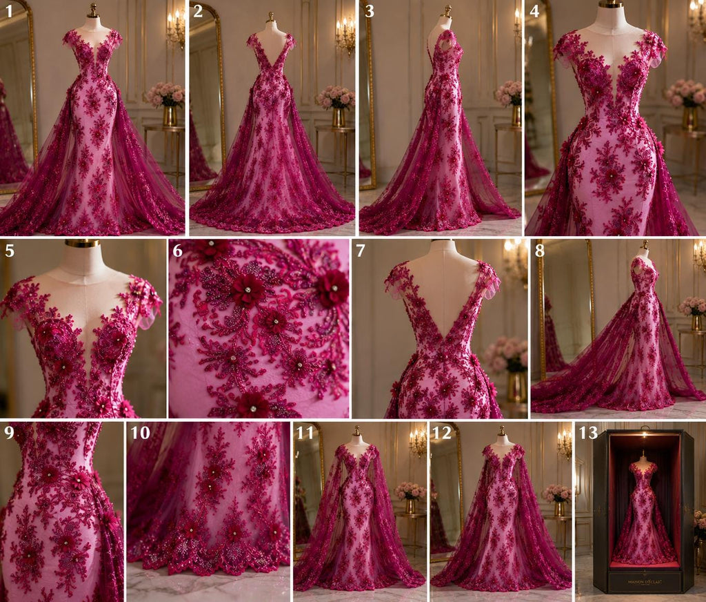 Beaded 3D Floral - Magenta - Design Embroidery With Beaded/Rhinestones on a Mesh Fabric By Yard. Sequins Mesh 3D Flower