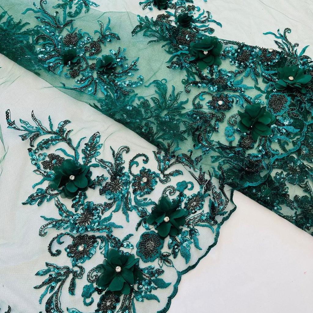 Beaded 3D Floral - Hunter - Design Embroidery With Beaded/Rhinestones on a Mesh Fabric By Yard. Sequins Mesh 3D Flower