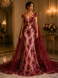 Beaded 3D Floral - Burgundy - Design Embroidery With Beaded/Rhinestones on a Mesh Fabric By Yard. Sequins Mesh 3D Flower
