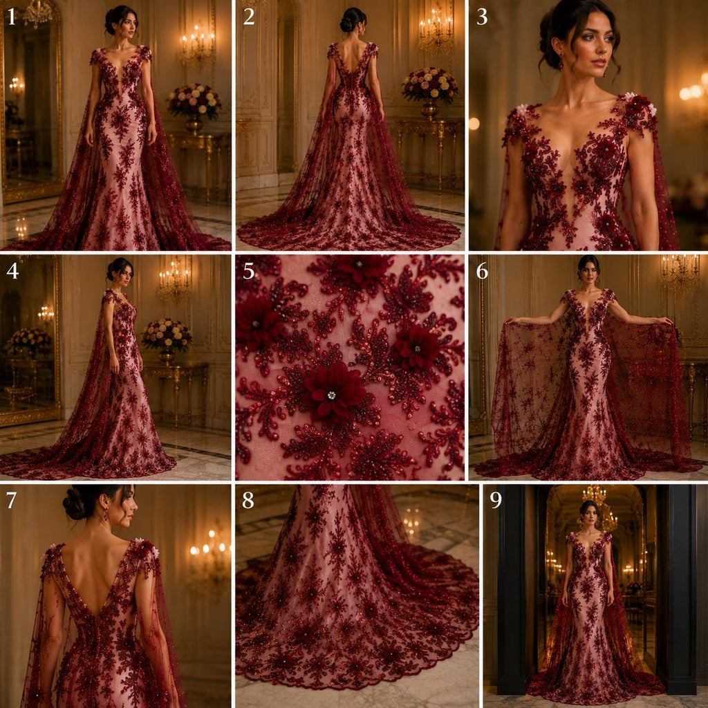 Beaded 3D Floral - Burgundy - Design Embroidery With Beaded/Rhinestones on a Mesh Fabric By Yard. Sequins Mesh 3D Flower