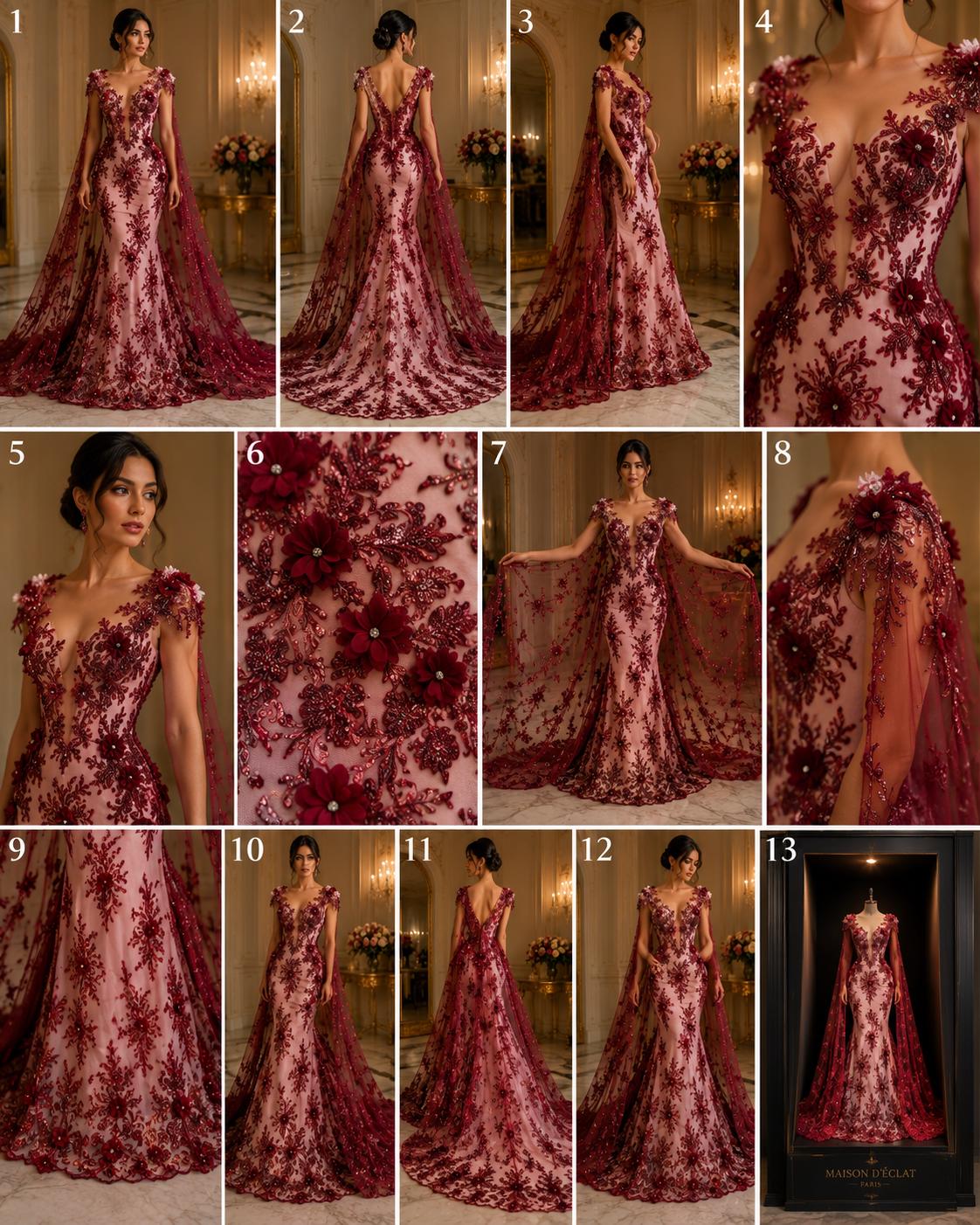 Beaded 3D Floral - Burgundy - Design Embroidery With Beaded/Rhinestones on a Mesh Fabric By Yard. Sequins Mesh 3D Flower