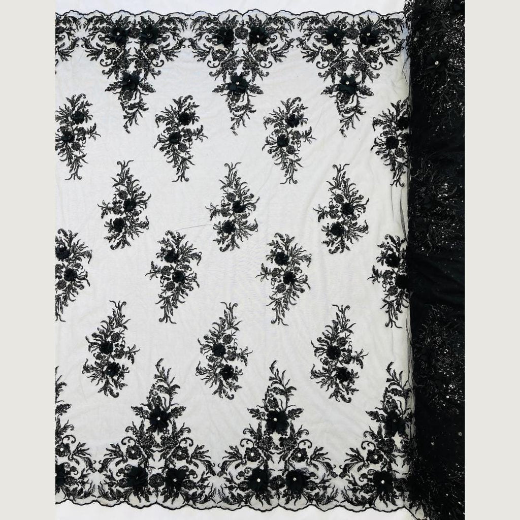 Beaded 3D Floral - Black - Design Embroidery With Beaded/Rhinestones on a Mesh Fabric By Yard. Sequins Mesh 3D Flower