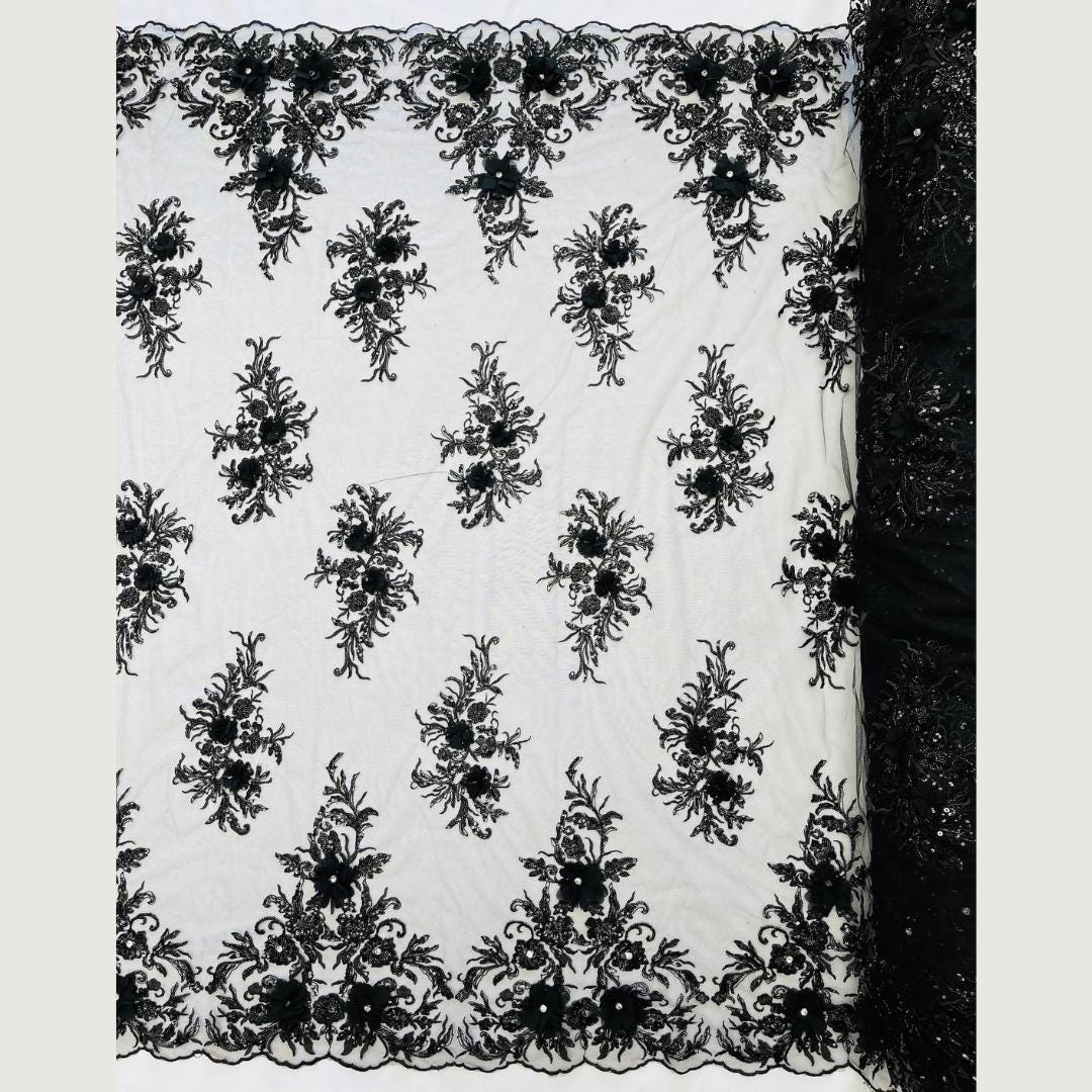 Beaded 3D Floral - Black - Design Embroidery With Beaded/Rhinestones on a Mesh Fabric By Yard. Sequins Mesh 3D Flower