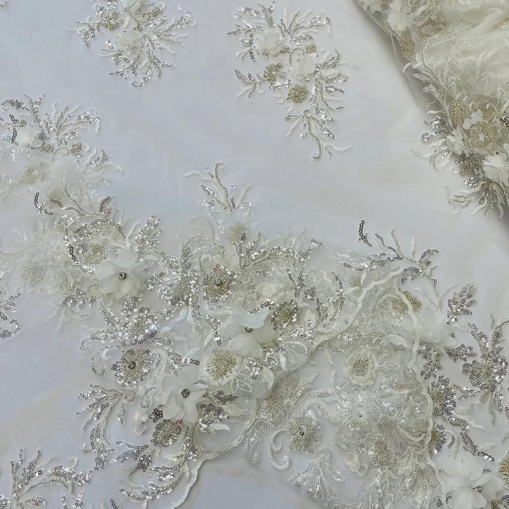 Beaded 3D Floral - Off White - Design Embroidery With Beaded/Rhinestones on a Mesh Fabric By Yard. Sequins Mesh 3D Flower