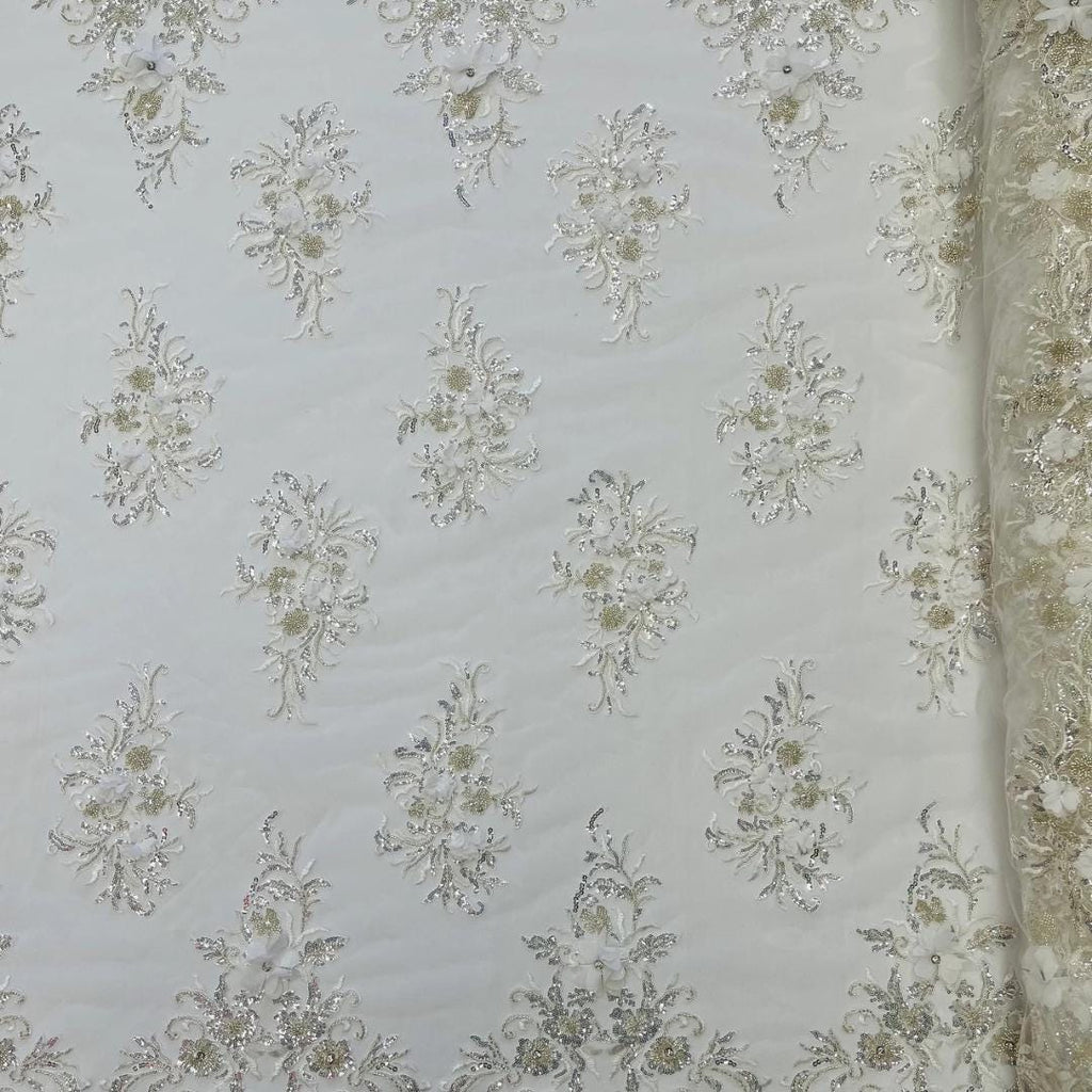Beaded 3D Floral - White - Design Embroidery With Beaded/Rhinestones on a Mesh Fabric By Yard. Sequins Mesh 3D Flower