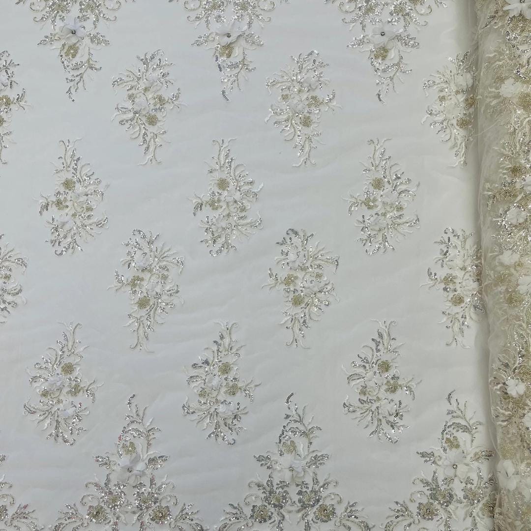 Beaded 3D Floral - White - Design Embroidery With Beaded/Rhinestones on a Mesh Fabric By Yard. Sequins Mesh 3D Flower