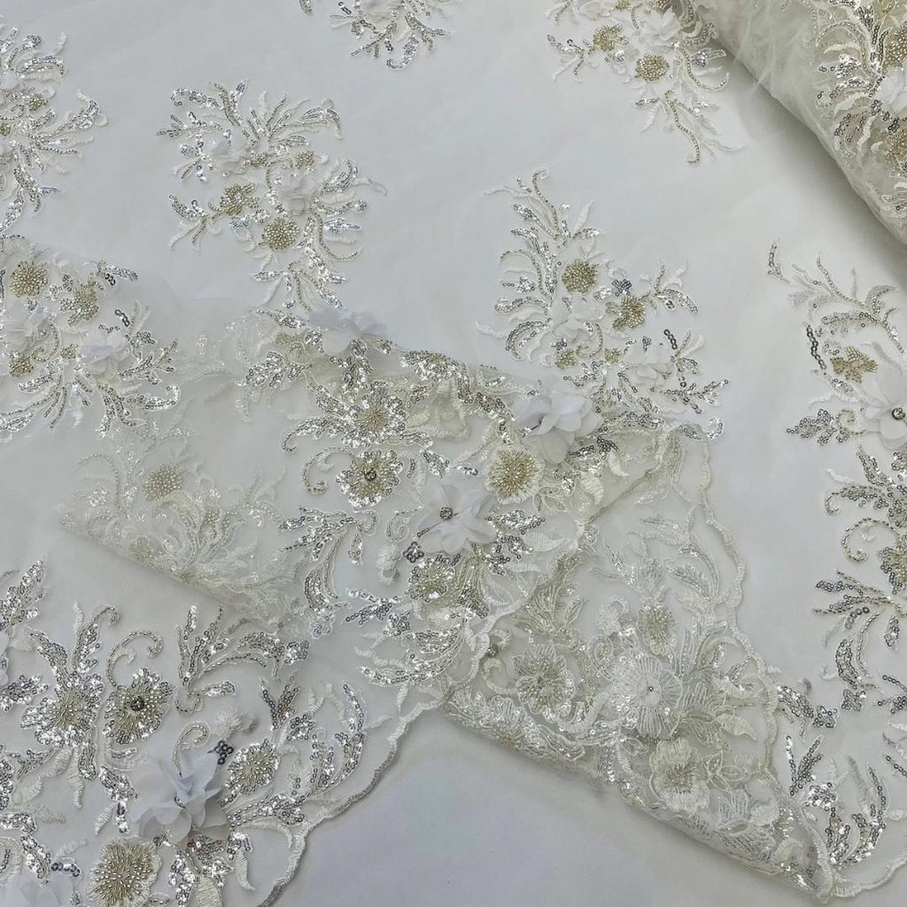 Beaded 3D Floral - White - Design Embroidery With Beaded/Rhinestones on a Mesh Fabric By Yard. Sequins Mesh 3D Flower