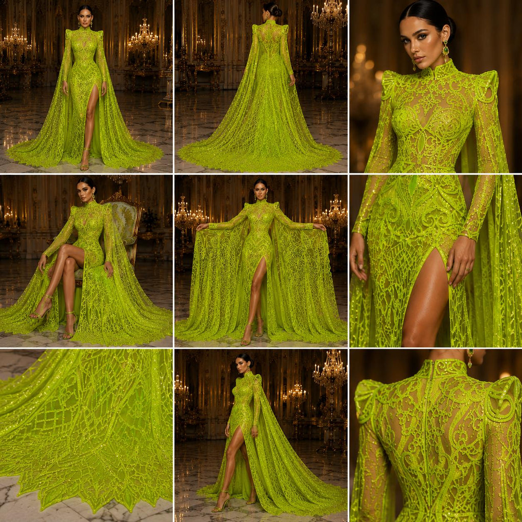Neon Green - Marvelous Mermaid Luxury Shiny Sequin 4-Way Stretch Mesh Fabric – Prom & Evening Dress Material By The Yard.