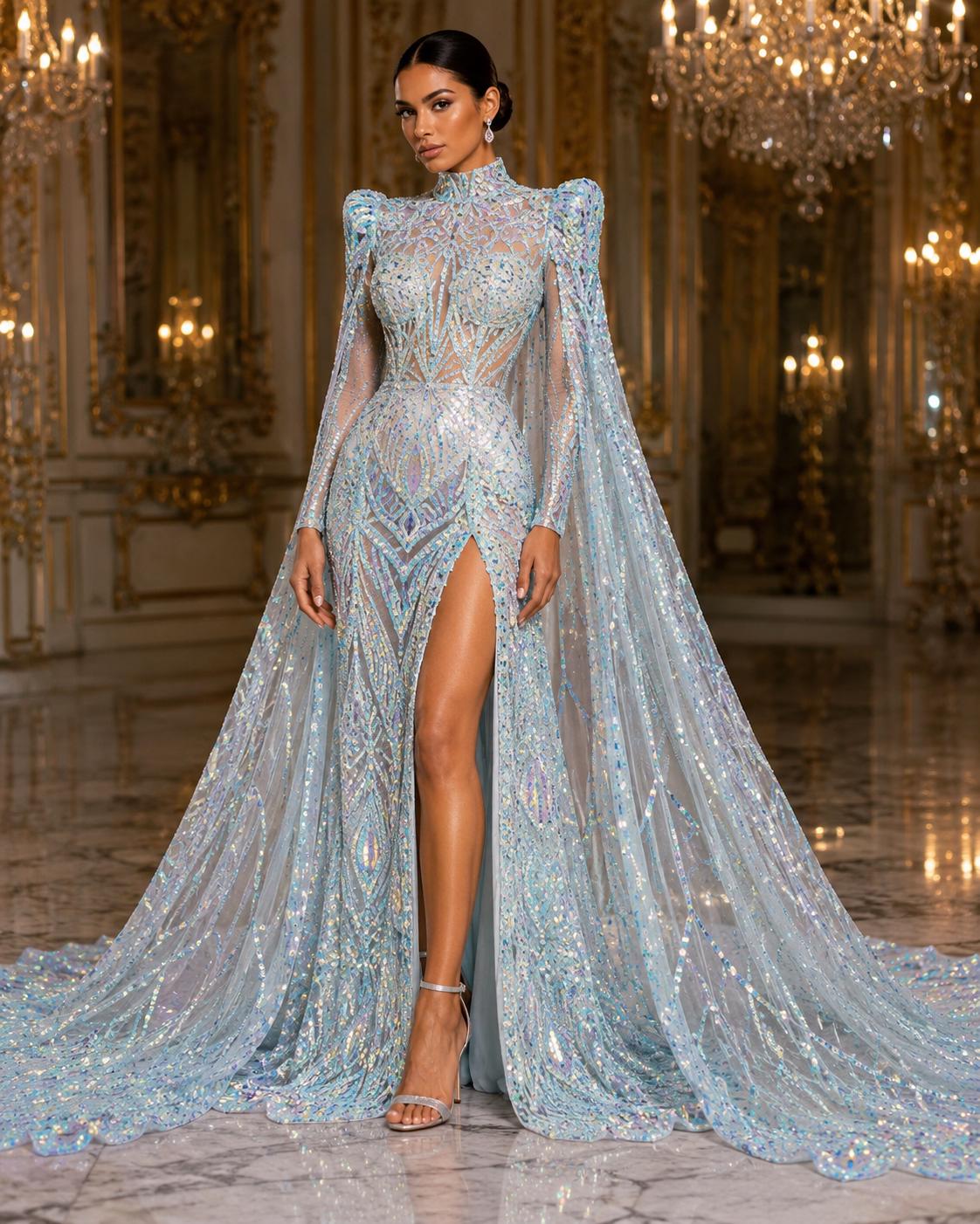 Aqua White - Marvelous Mermaid Luxury Shiny Sequin 4-Way Stretch Mesh Fabric – Prom & Evening Dress Material By The Yard.