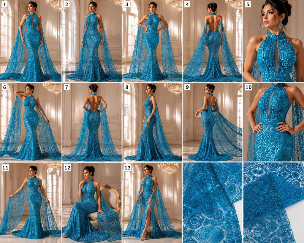 Luxurious Design Lace - Turquoise - Geometric Beaded Design with Embroidered Sequins and Beads On a Mesh Lace Fabric By The Yard
