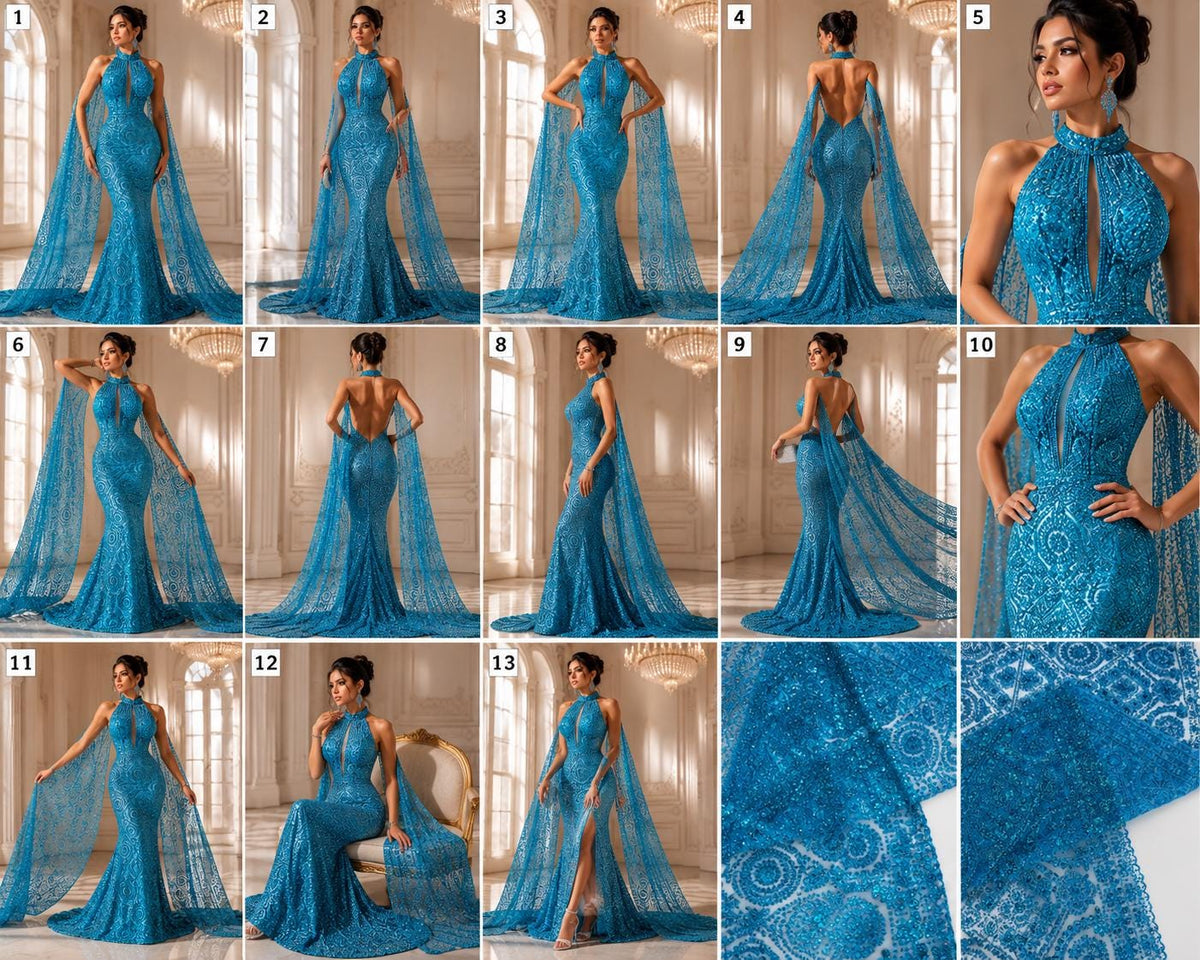 Luxurious Design Lace - Turquoise - Geometric Beaded Design with Embroidered Sequins and Beads On a Mesh Lace Fabric By The Yard