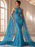 Luxurious Design Lace - Turquoise - Geometric Beaded Design with Embroidered Sequins and Beads On a Mesh Lace Fabric By The Yard