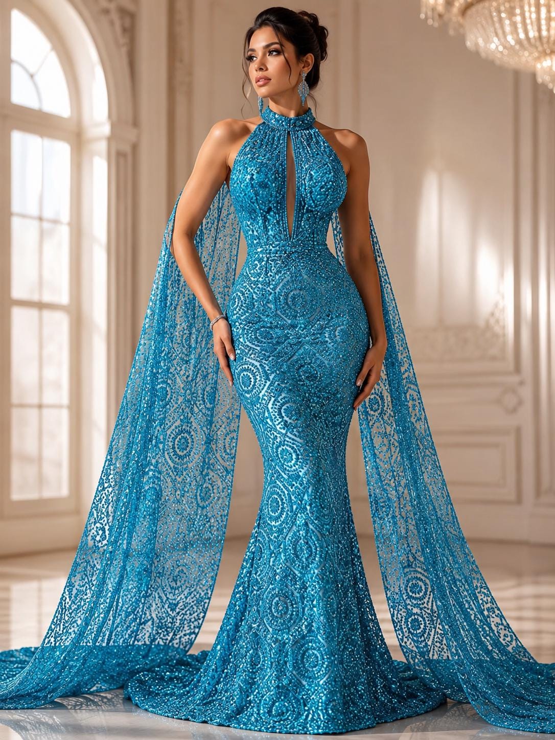 Luxurious Design Lace - Turquoise - Geometric Beaded Design with Embroidered Sequins and Beads On a Mesh Lace Fabric By The Yard