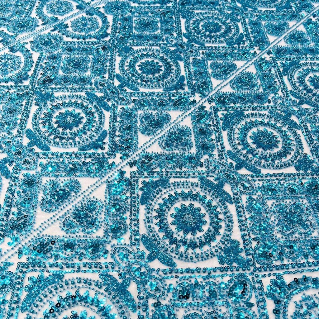 Luxurious Design Lace - Turquoise - Geometric Beaded Design with Embroidered Sequins and Beads On a Mesh Lace Fabric By The Yard