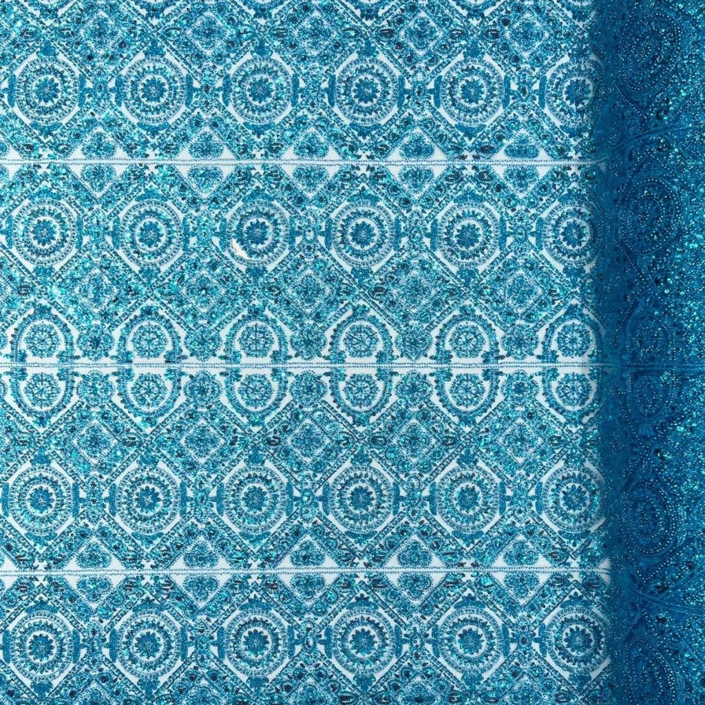 Luxurious Design Lace - Turquoise - Geometric Beaded Design with Embroidered Sequins and Beads On a Mesh Lace Fabric By The Yard