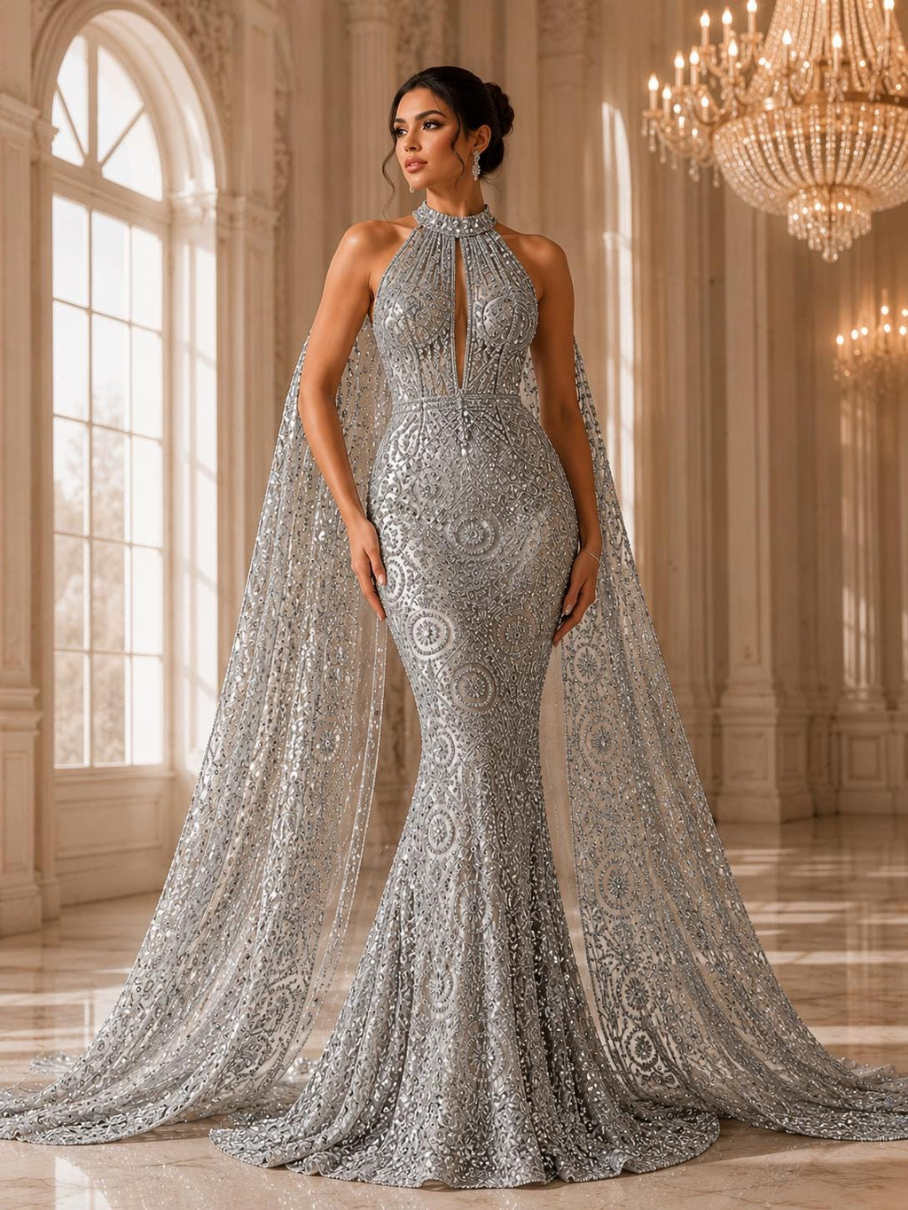 Luxurious Design Lace - Silver - Geometric Beaded Design with Embroidered Sequins and Beads On a Mesh Lace Fabric By The Yard