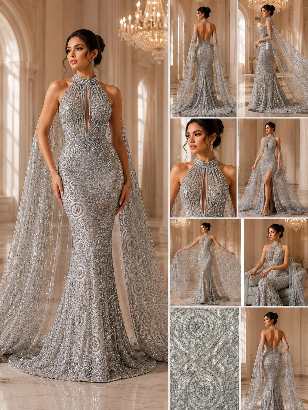 Luxurious Design Lace - Silver - Geometric Beaded Design with Embroidered Sequins and Beads On a Mesh Lace Fabric By The Yard