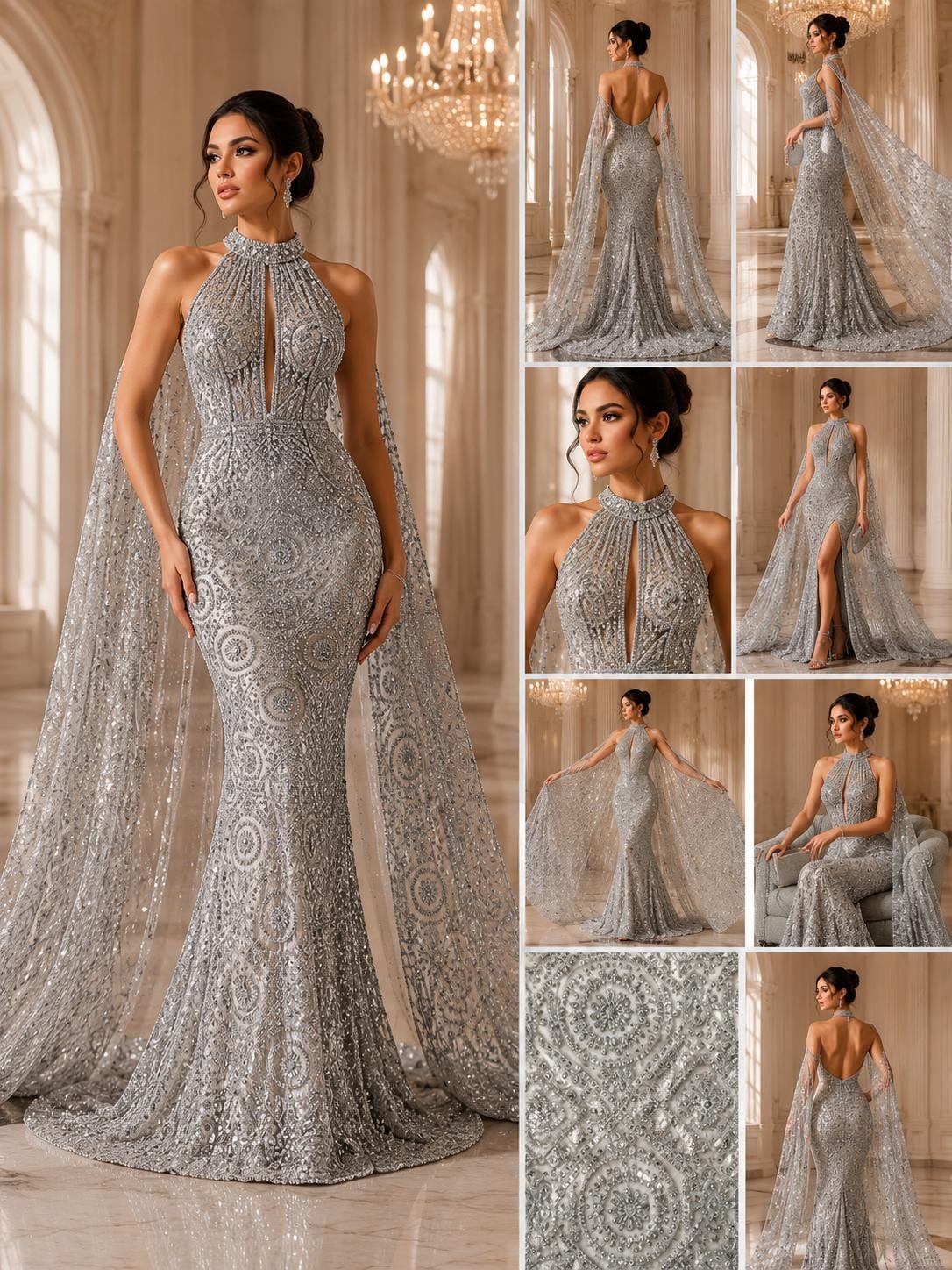 Luxurious Design Lace - Silver - Geometric Beaded Design with Embroidered Sequins and Beads On a Mesh Lace Fabric By The Yard