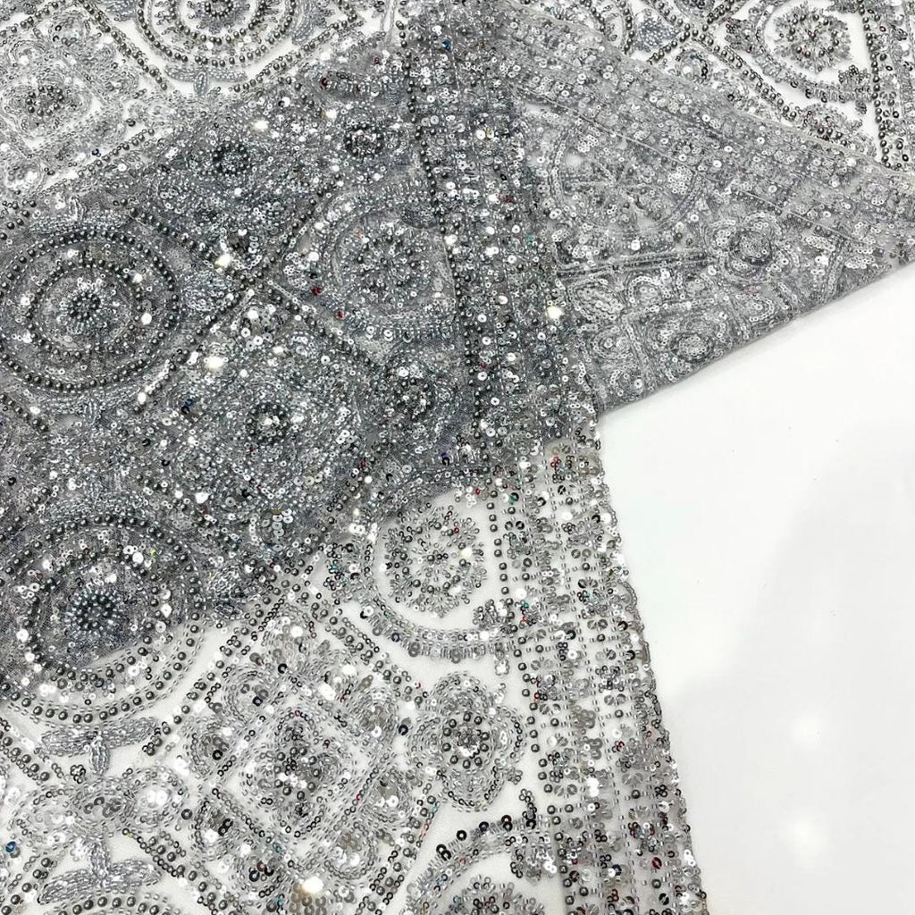 Luxurious Design Lace - Silver - Geometric Beaded Design with Embroidered Sequins and Beads On a Mesh Lace Fabric By The Yard