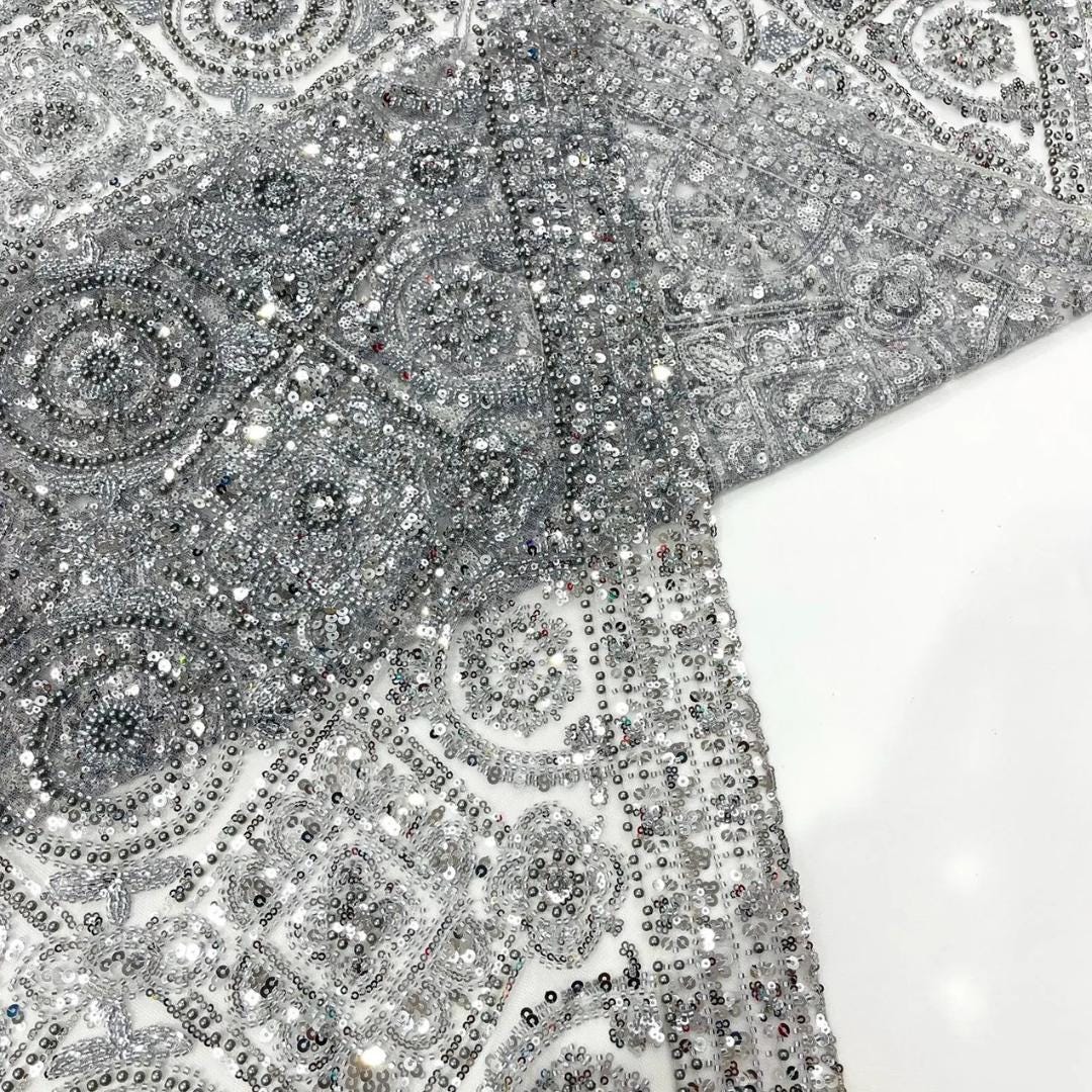 Luxurious Design Lace - Silver - Geometric Beaded Design with Embroidered Sequins and Beads On a Mesh Lace Fabric By The Yard