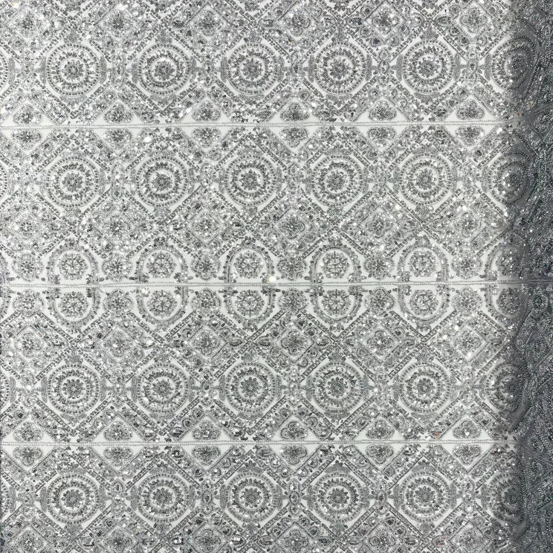 Luxurious Design Lace - Silver - Geometric Beaded Design with Embroidered Sequins and Beads On a Mesh Lace Fabric By The Yard