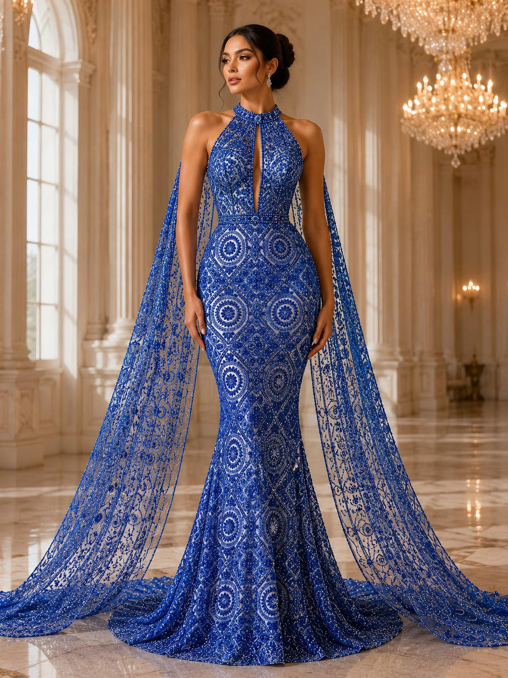 Luxurious Design Lace - Royal - Geometric Beaded Design with Embroidered Sequins and Beads On a Mesh Lace Fabric By The Yard