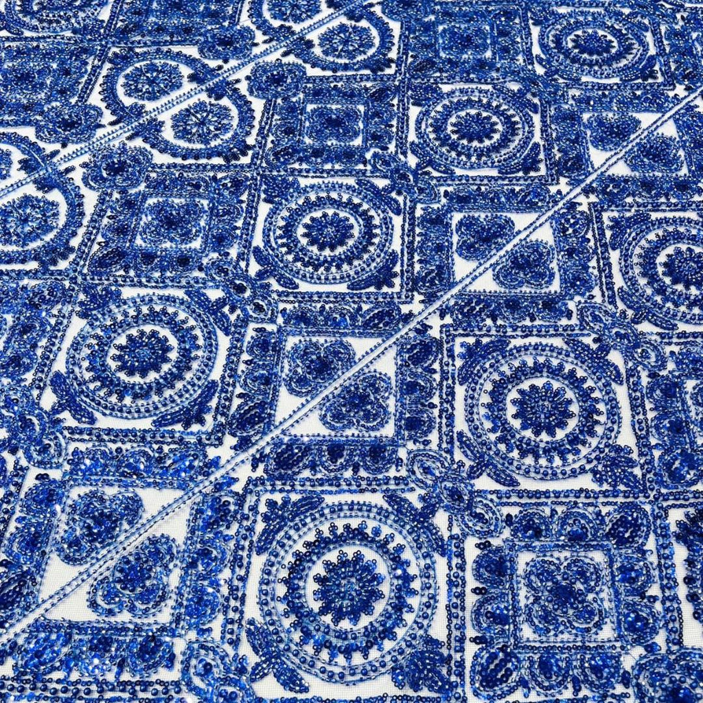 Luxurious Design Lace - Royal - Geometric Beaded Design with Embroidered Sequins and Beads On a Mesh Lace Fabric By The Yard
