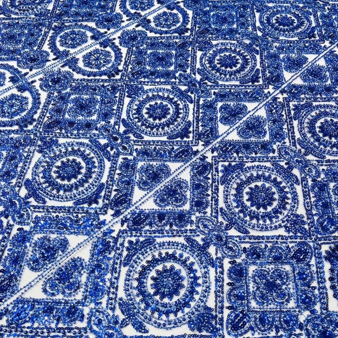 Luxurious Design Lace - Royal - Geometric Beaded Design with Embroidered Sequins and Beads On a Mesh Lace Fabric By The Yard